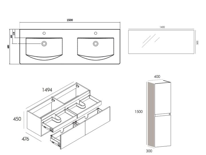 Meuble à suspendre de salle de bains, avec vasque et miroir - ALBA 1500