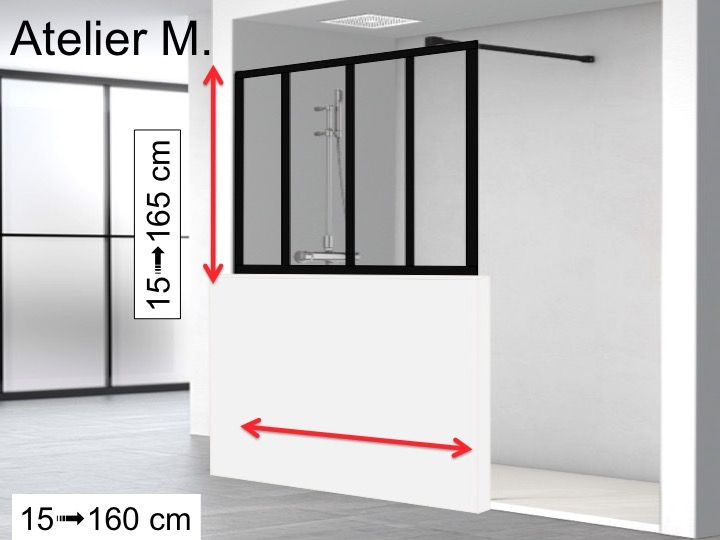 Demi paroi de douche sur muret, de style verrière atelier - 70 x 120 cm