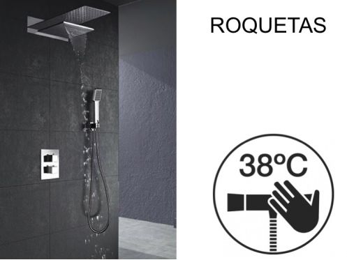 Douche encastrable, thermostatique, ciel de pluie et cascade - ROQUETAS CHROME