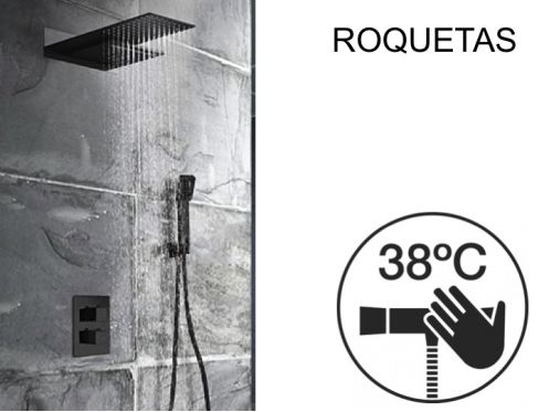 Douche encastrable noir, thermostatique, ciel de pluie et cascade - ROQUETAS NOIR