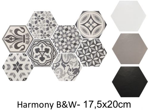 Harmony B&W HEXATILE 17,5x20 cm - Carrelage sol, hexagonal, finition mate