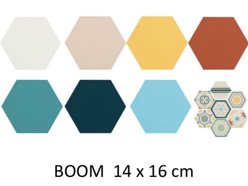 BOOM 14x16 cm - Gulv- og vægfliser, sekskantede, designfarver.