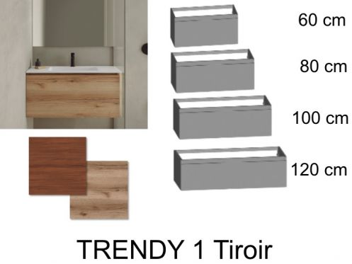 Meuble salle de bains, deux tiroirs, dont un tiroir cach, hauteur 50 cm, finition bois - TRENDY