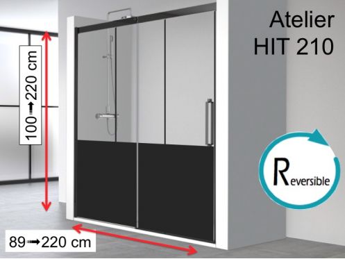 Porte de douche coulissante, au style industriel art dco, avec profil en noir - ATELIER HIT 210