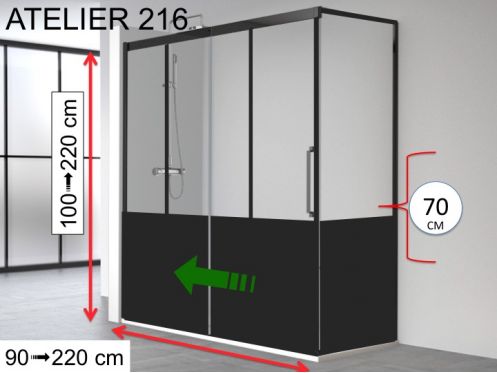 Porte de douche coulissante, retour fixe en angle, au style industriel art dco noir  - 100 x 70 cm - ATELIER HIT 216 