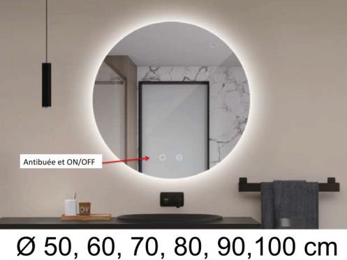 Miroir rond, rtro clair, lumire blanche, double capteur : anti-bue et ON/OFF - SINTRA