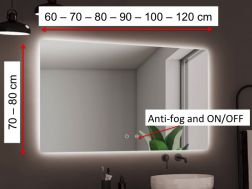 RektangulÃ¦rt spejl, dobbelt sensor: anti-dug og ON/OFF - VIANA