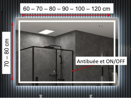 Rektangulært spejl, frontbelysning, sensor: anti-dug og ON/OFF - OBIDOS
