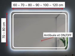 Miroir avec bords arrondis, éclairage frontal, capteur : anti-buée et ON/OFF - SETUBAL