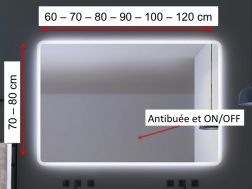 Miroir avec bords arrondis, éclairage frontal, capteur : anti-buée et ON/OFF - BEJA