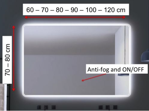 Spejl med afrundede kanter, frontbelysning, sensor: anti-dug og ON/OFF - BEJA