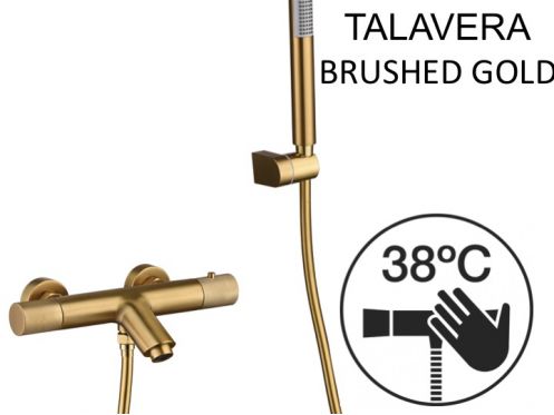 Badebatteri med bruser, termostat - TALAVERA BRUSHED GOLD 