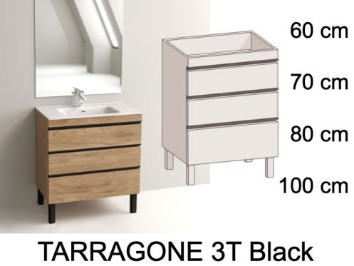 Vaskesæt med 3 skuffer __plus__ håndvask __plus__ spejl - TARRAGONE 3T Black
