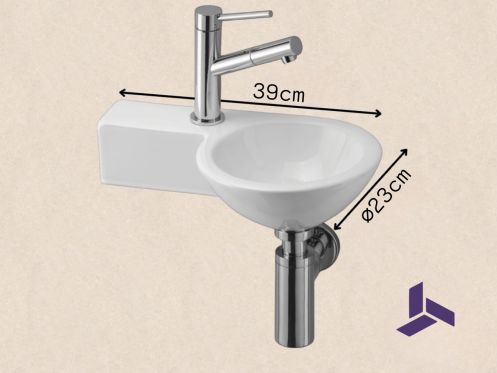 Rund håndvaskmaskine, keramik, ophængt 23x39 cm | BONN 23 GAUCHE