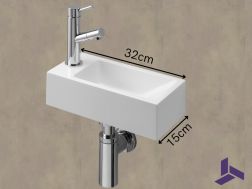 Ultrakompakt hÃ¥ndvask 32x15 cm i hvid mineralmarmor | BERLIN 32 GAUCHE
