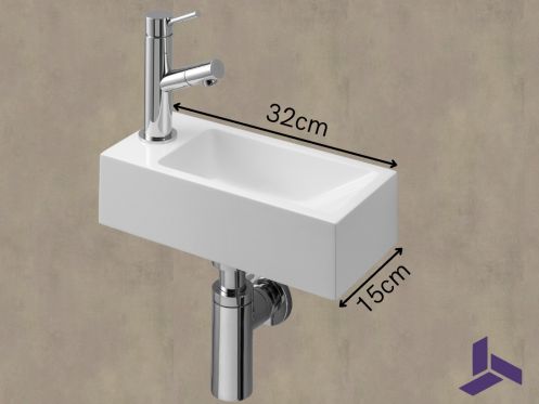 Ultracompacte wastafel 32x15 cm in witte mineraalhars | BERLIN 32 GAUCHE