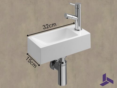 Ultrakompakt håndvask 32x15 cm i hvid mineralmarmor | BERLIN 32 DROITE