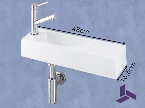 Lave-mains mural 48x16,5cm resine blanche ultra-troite sans trop-plein | MUNICH 48 GAUCHE