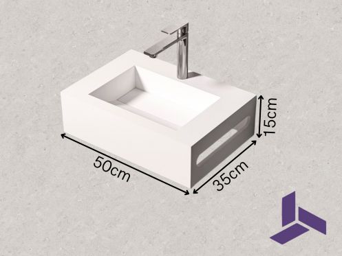 Lave-mains Solid Surface 35x50cm, Blanc Mat avec porte-serviette MINI ARIANNE Standard