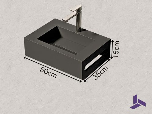 Lave-mains Solid Surface 35x50cm, Anthracite avec porte-serviette MINI ARIANNE Standard