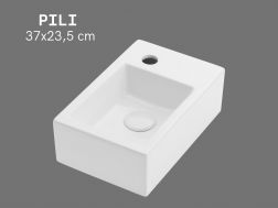 Lave-mains 37 cm en céramique blanc brillant - Compact, mural ou à poser PILI DROIT