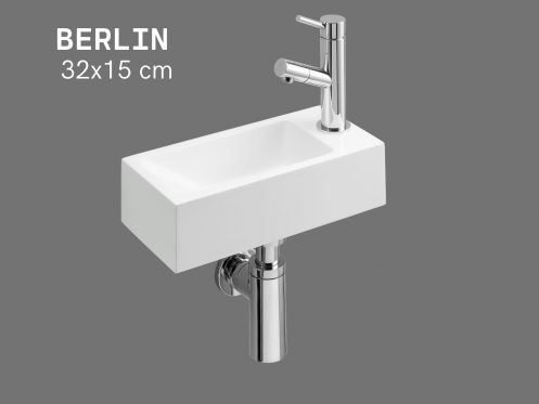 Ultrakompakt hÃ¥ndvask 32x15 cm i hvid mineralmarmor BERLIN DROITE