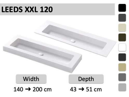 Dubbel wastafelblad, wastafel 120 cm, hang- of inbouw - LEEDS XXL 120