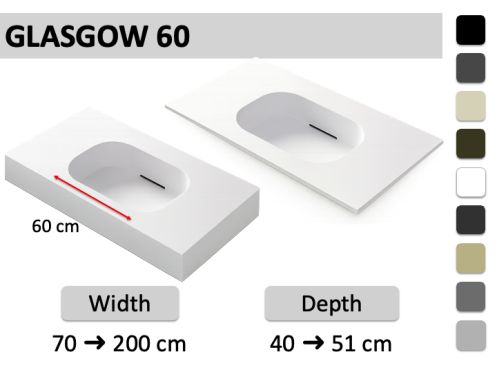 Podwieszany lub odlewany blat umywalki z umywalką 60 cm – GLASGOW 60